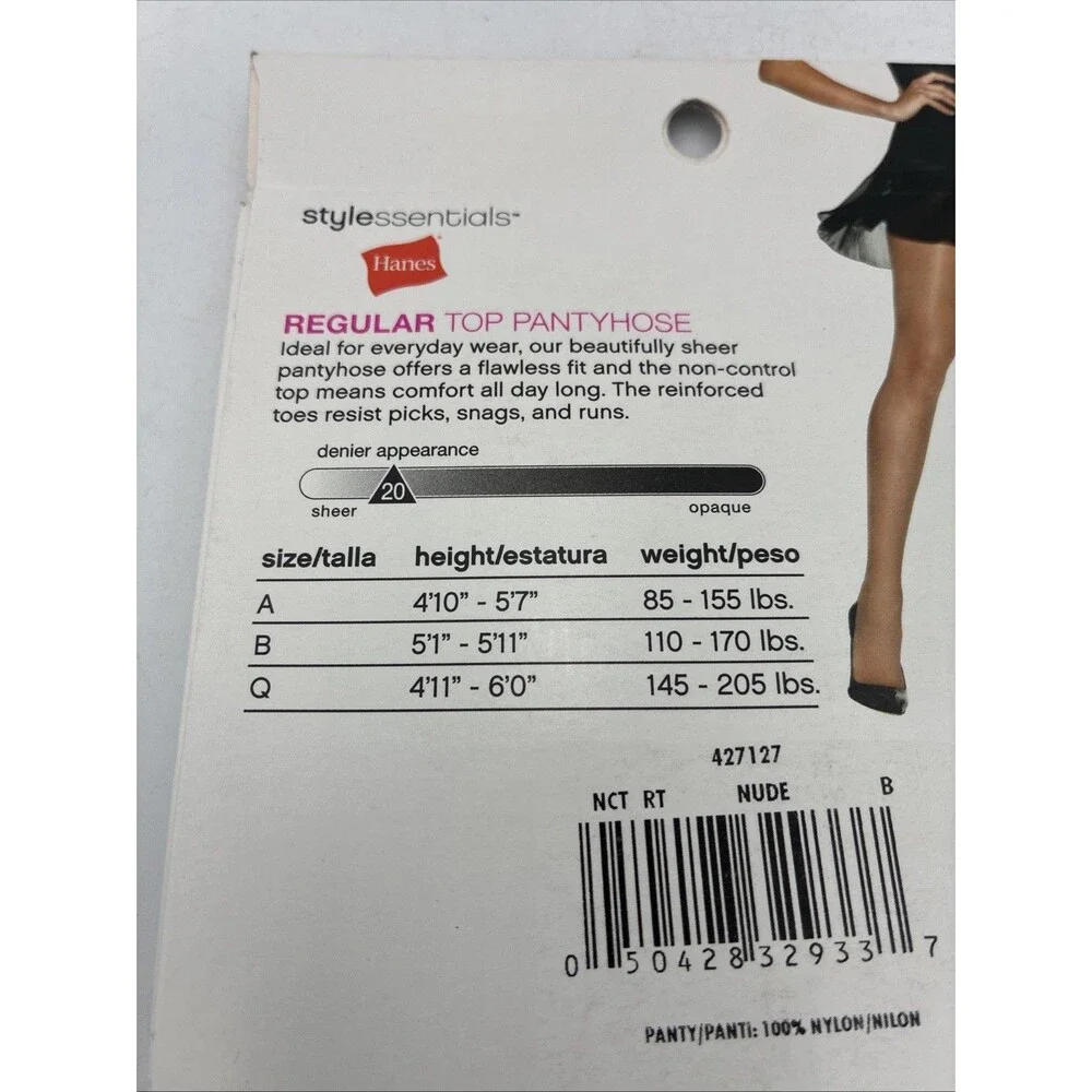 Hanes Regular Top Pantyhose Reinforced Toe Sheer Leg Size B Nude (2 Pair)
